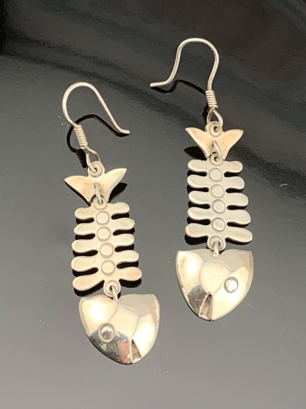 Fish Skeleton Bones Vintage Mexico Sterling Silver Earrings J1435